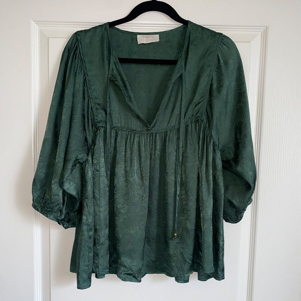 Auguste The Label Silk Green Jacquard Boho Peasant Blouse - AU 10/US M - Picture 2 of 7